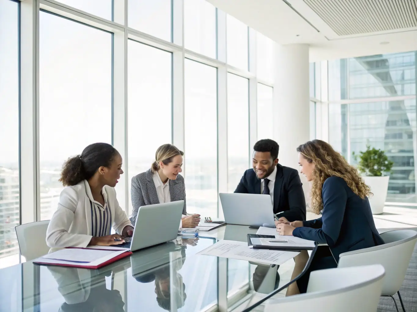 An image of a diverse group of professionals collaborating around a laptop, representing teamwork and career development.