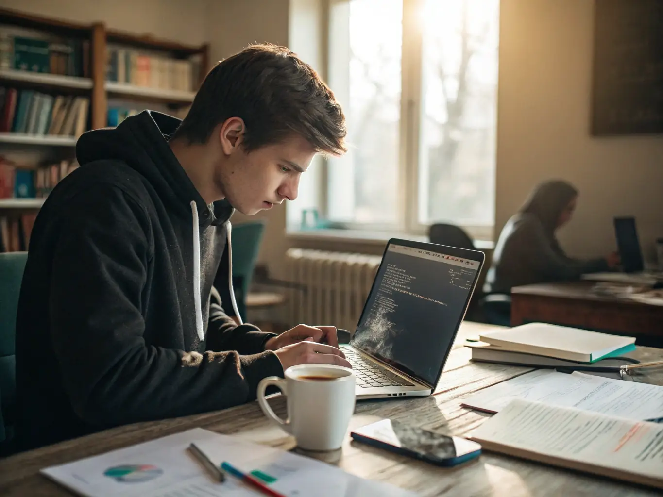 An image of a student coding on a laptop with code snippets on the screen, symbolizing foundational programming education.