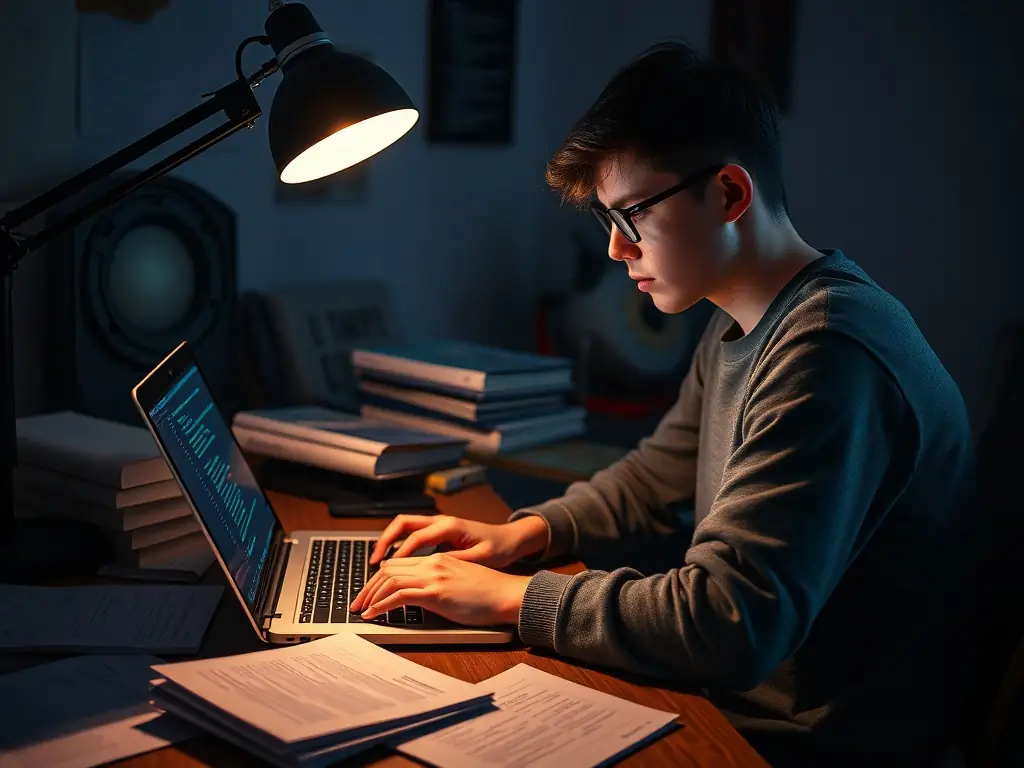 A student enthusiastically coding on a laptop, surrounded by books and notes, symbolizing the Programming Fundamentals course.